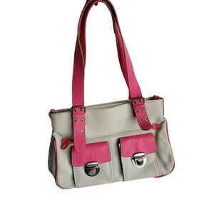 Stylish Beige &‎ Pink Two-Tone Shoulder Bag Silver Hardware and Front Pockets